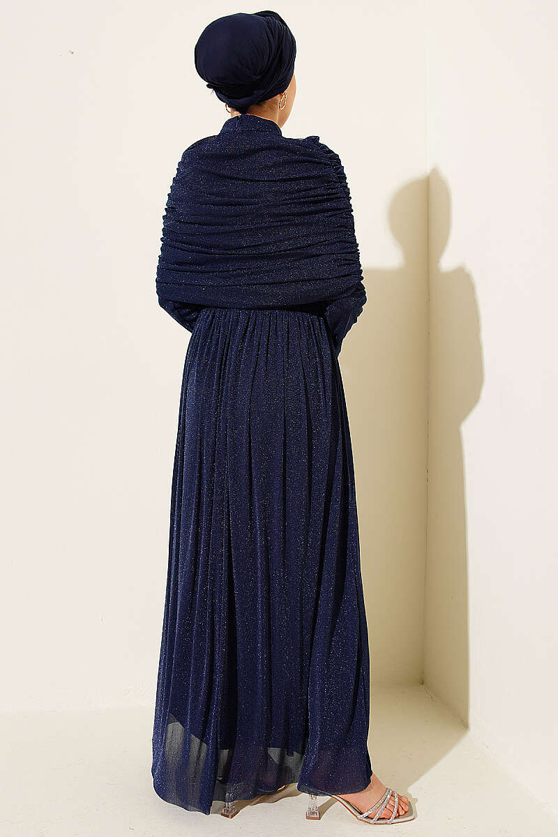 Glitter Evening Dress with Cowl-Neck Look - Navy