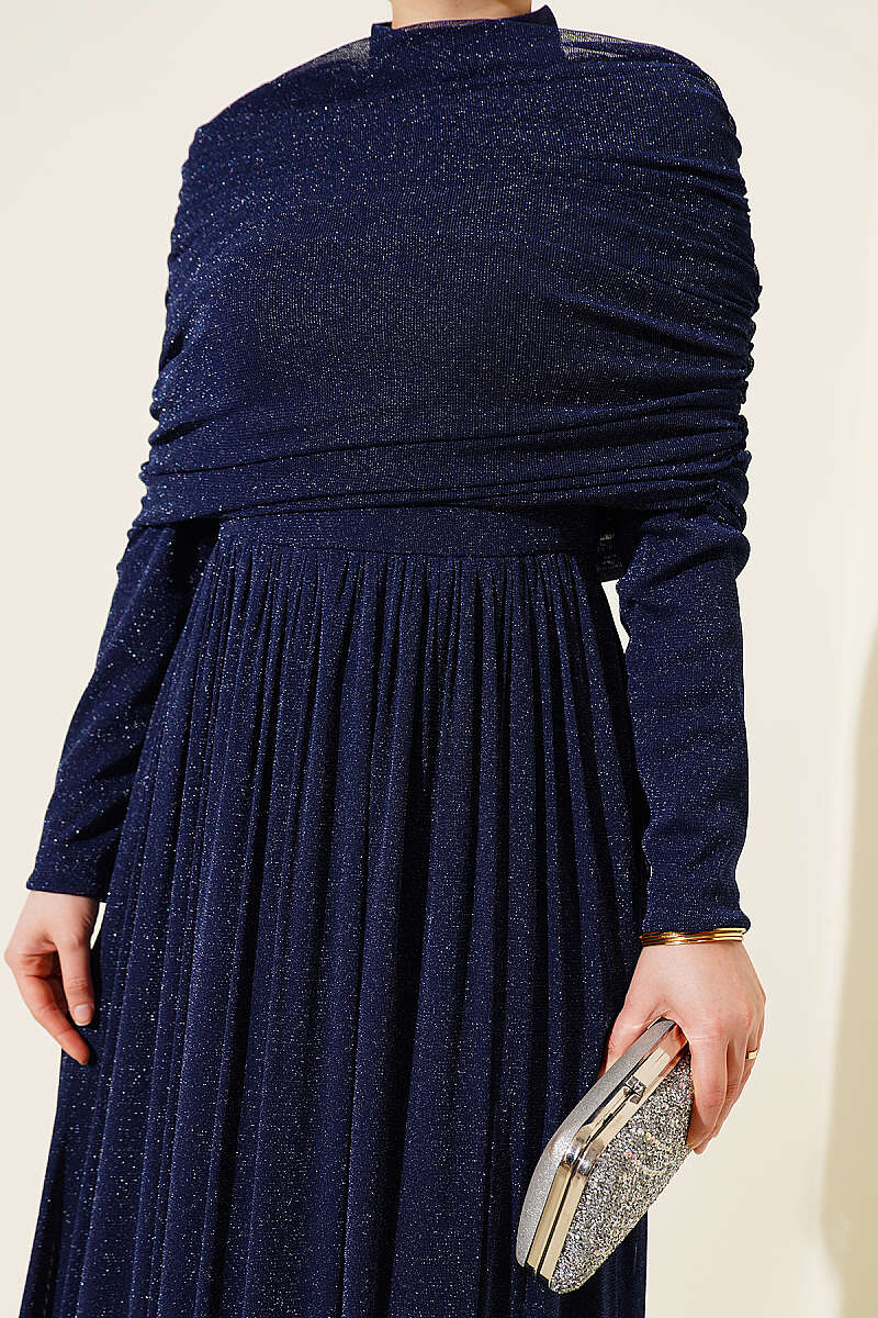 Glitter Evening Dress with Cowl-Neck Look - Navy