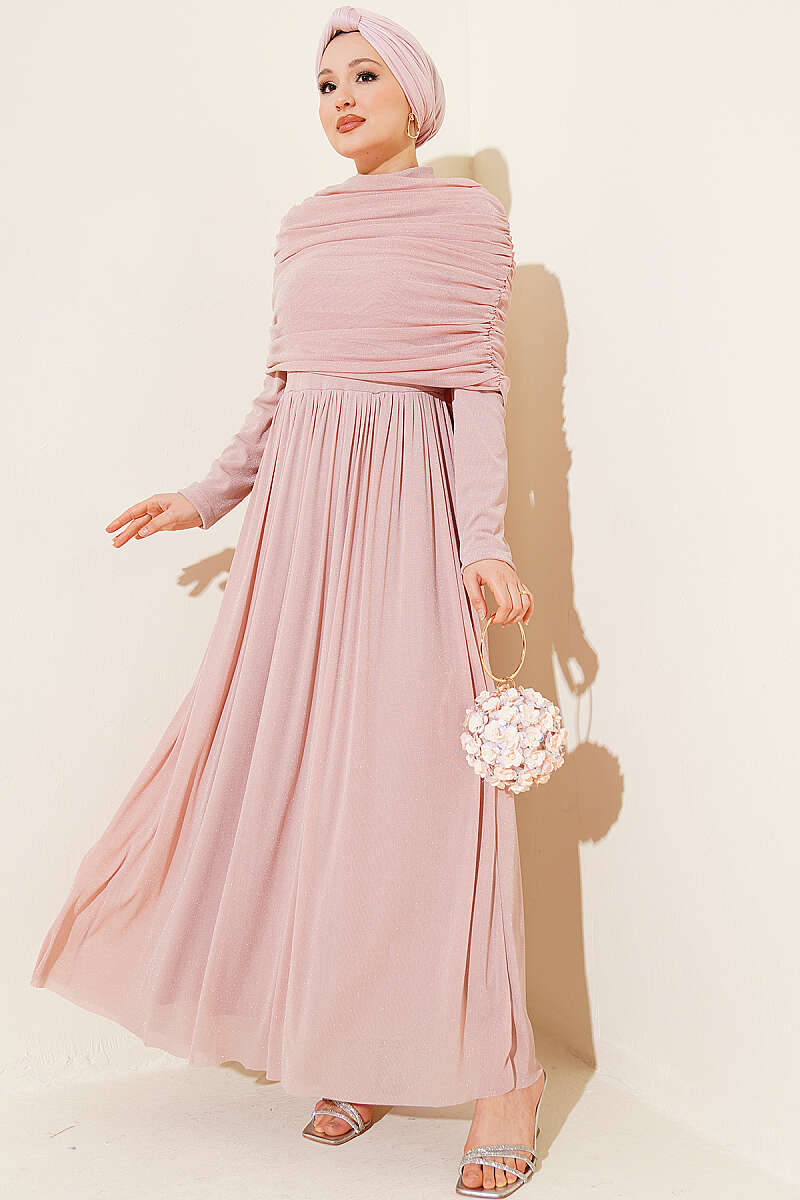 Glitter Evening Dress with Cowl-Neck Look - Pink