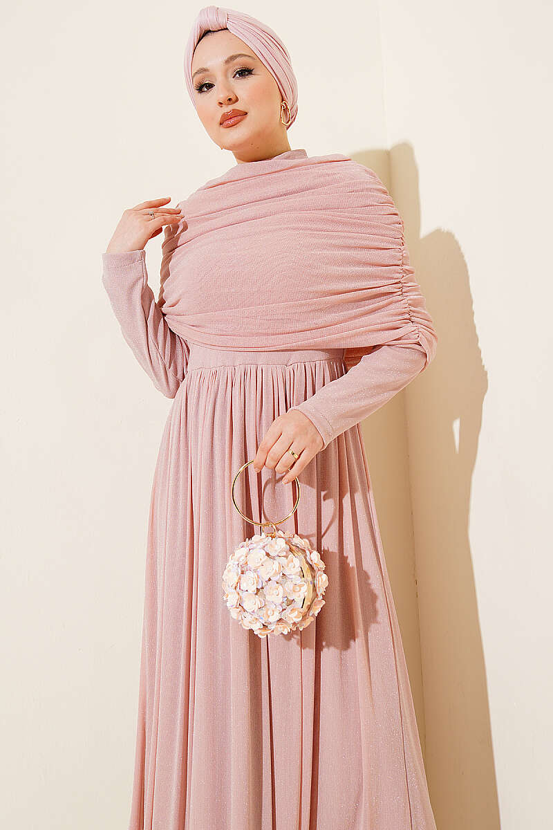 Glitter Evening Dress with Cowl-Neck Look - Pink