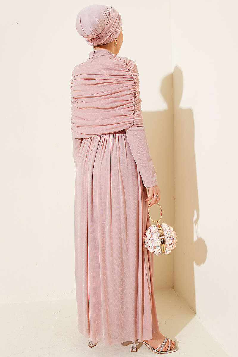 Glitter Evening Dress with Cowl-Neck Look - Pink