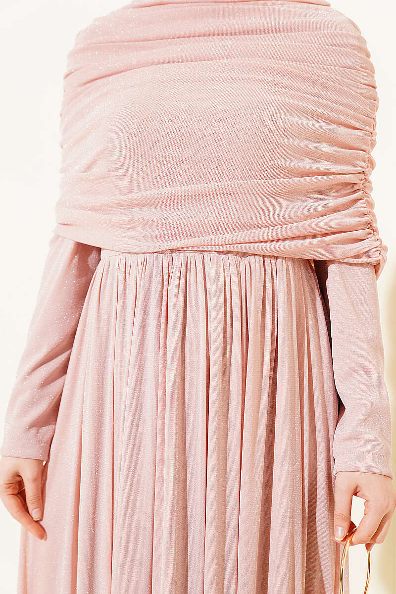 Glitter Evening Dress with Cowl-Neck Look - Pink