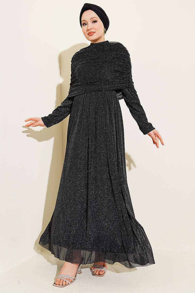 Glitter Evening Dress with Cowl-Neck Look - Black