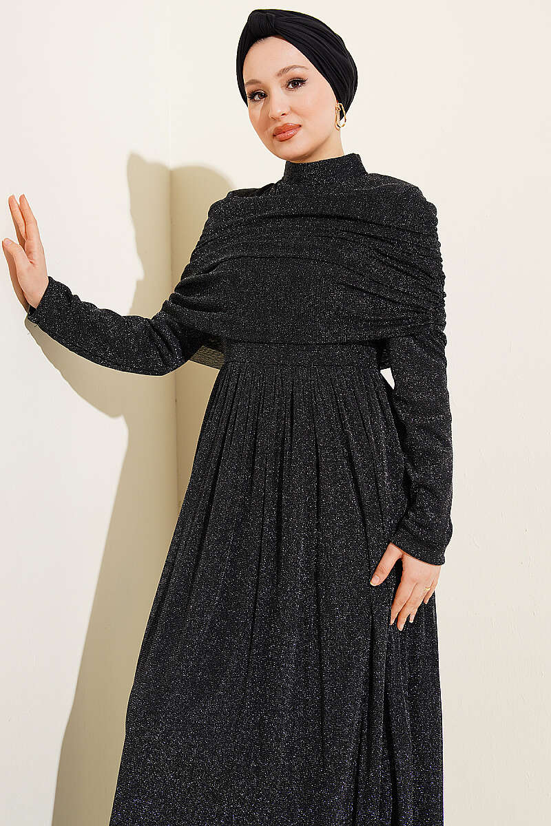 Glitter Evening Dress with Cowl-Neck Look - Black