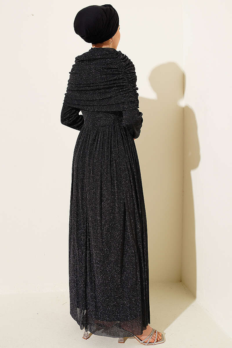 Glitter Evening Dress with Cowl-Neck Look - Black
