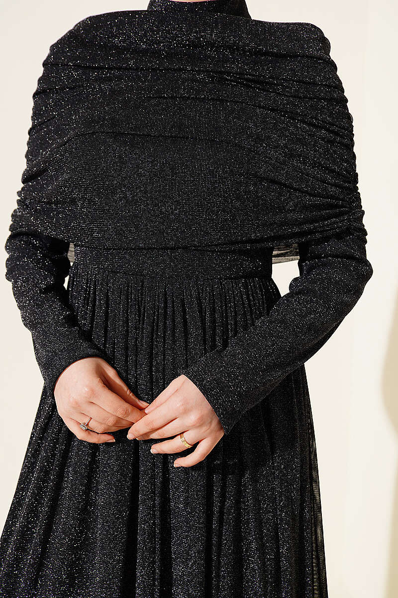 Glitter Evening Dress with Cowl-Neck Look - Black