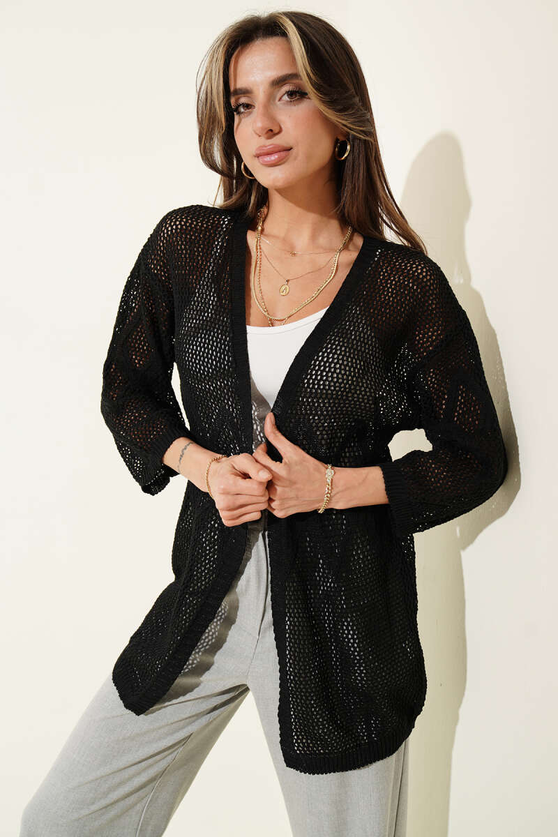 Openwork Diamond Knit Cardigan - Black