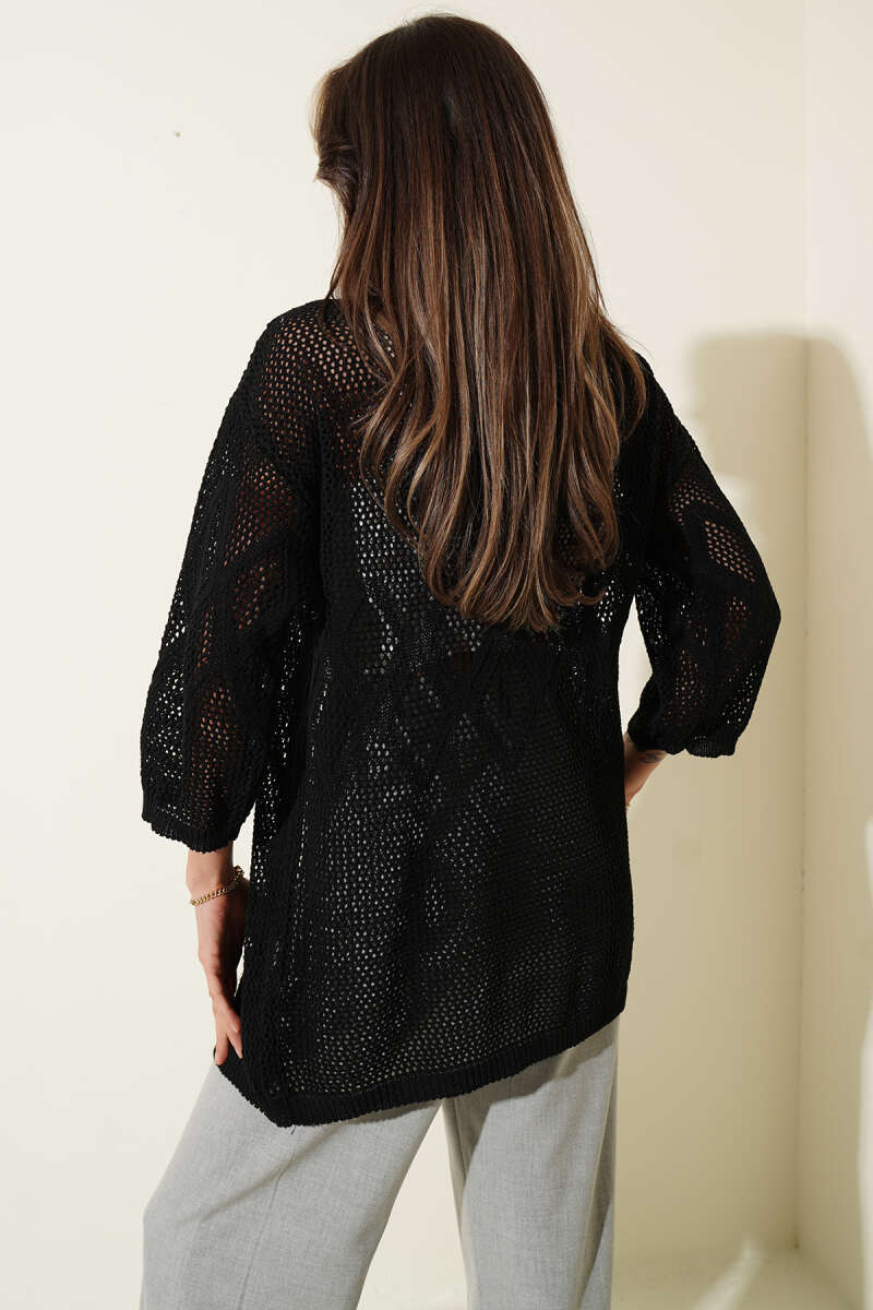 Openwork Diamond Knit Cardigan - Black