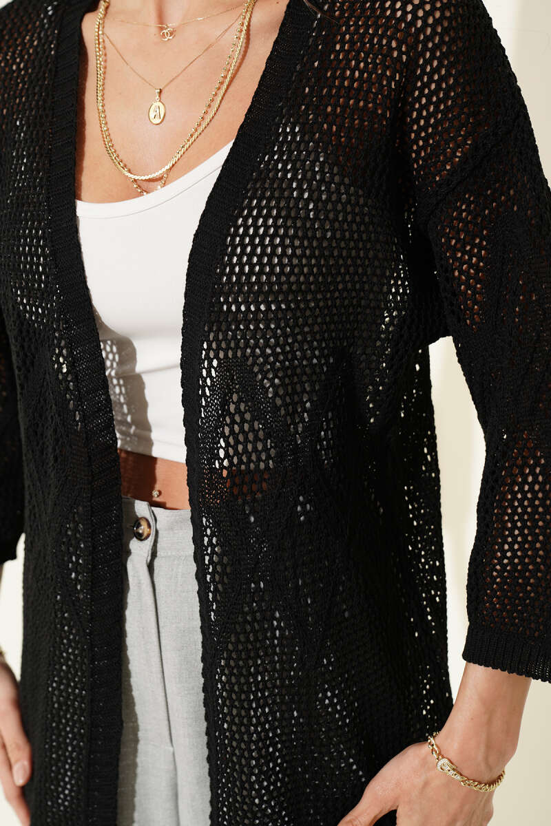 Openwork Diamond Knit Cardigan - Black