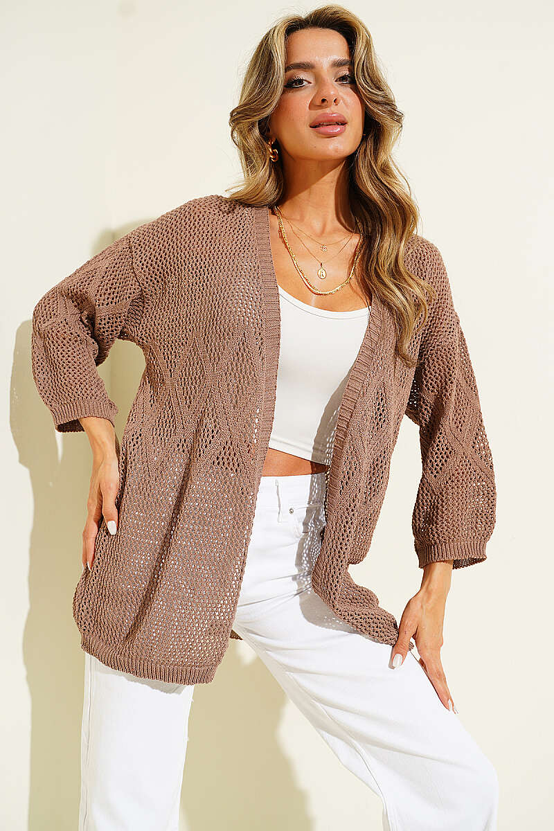 Openwork Diamond Knit Cardigan - Mink