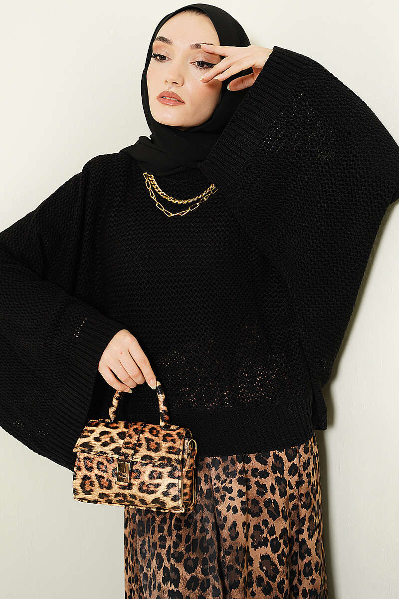 Openwork Batwing Knit Sweater - Black