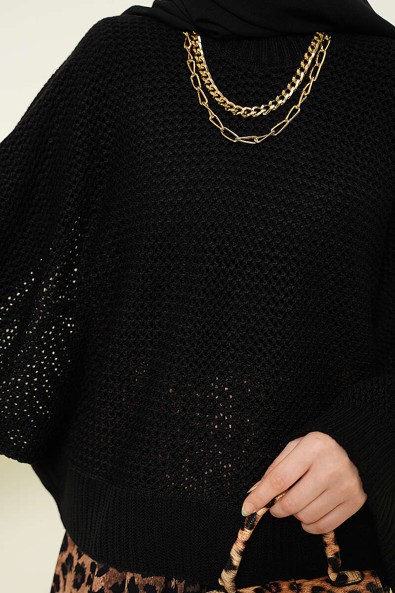 Openwork Batwing Knit Sweater - Black