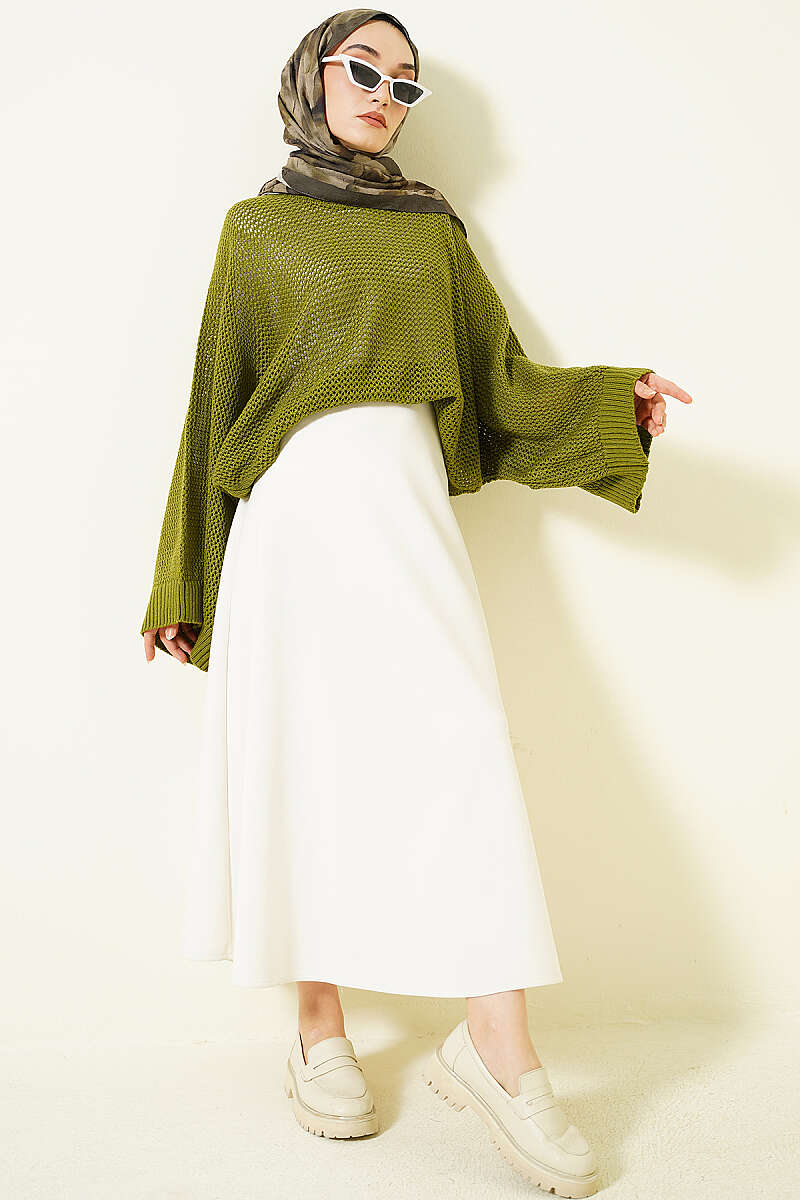 Openwork Batwing Knit Sweater - Green