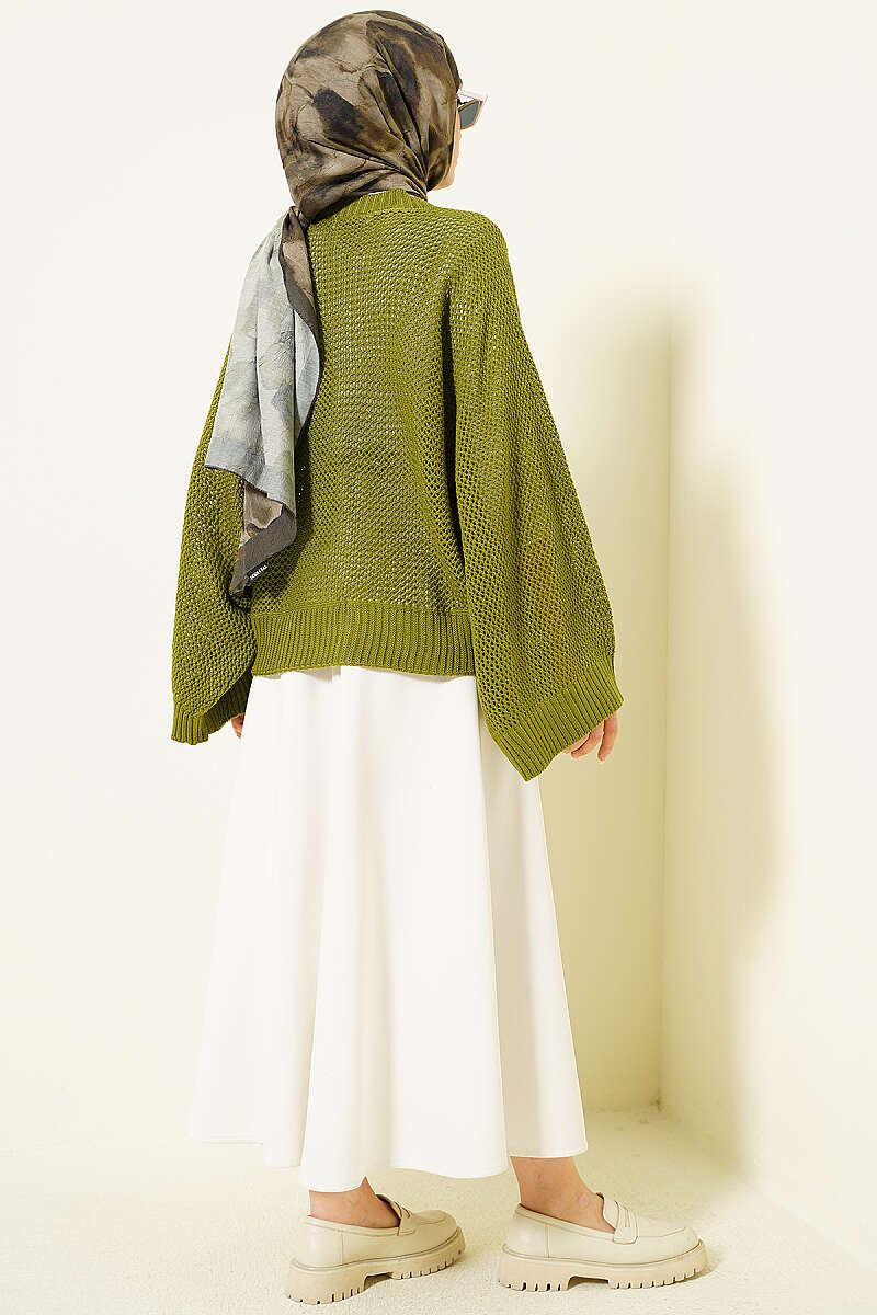 Openwork Batwing Knit Sweater - Green