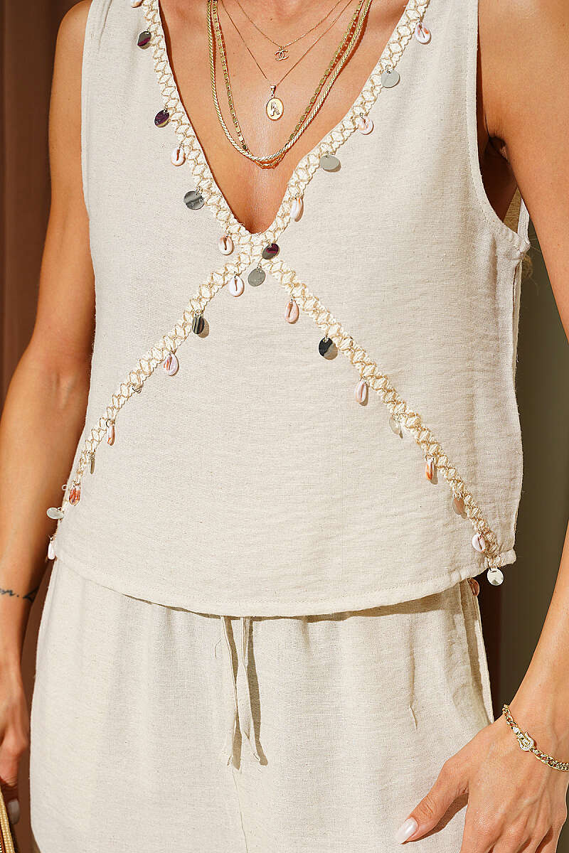 Sleeveless Two-Piece Set with Seashell Detail - Beige