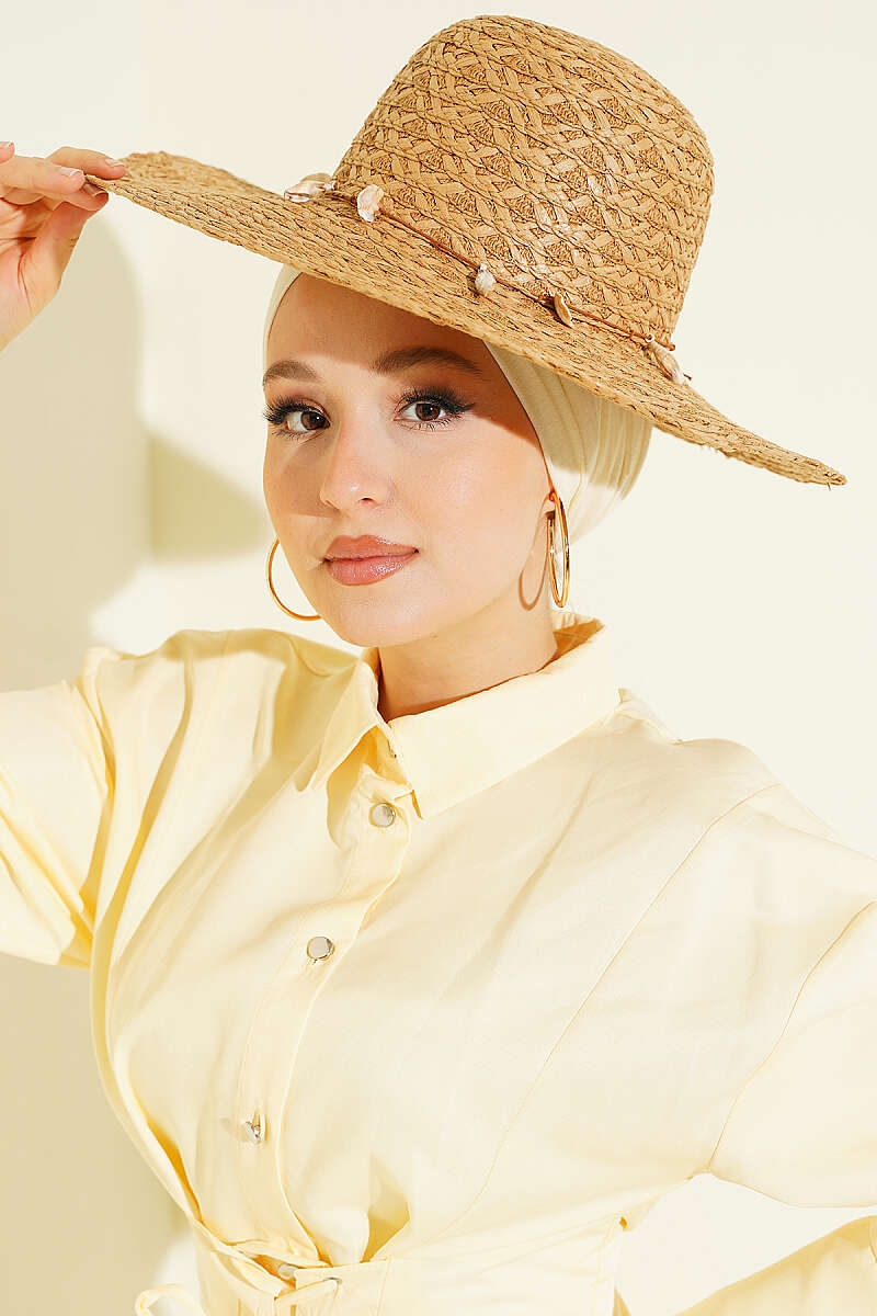 Straw Hat with Seashell Trim - Camel