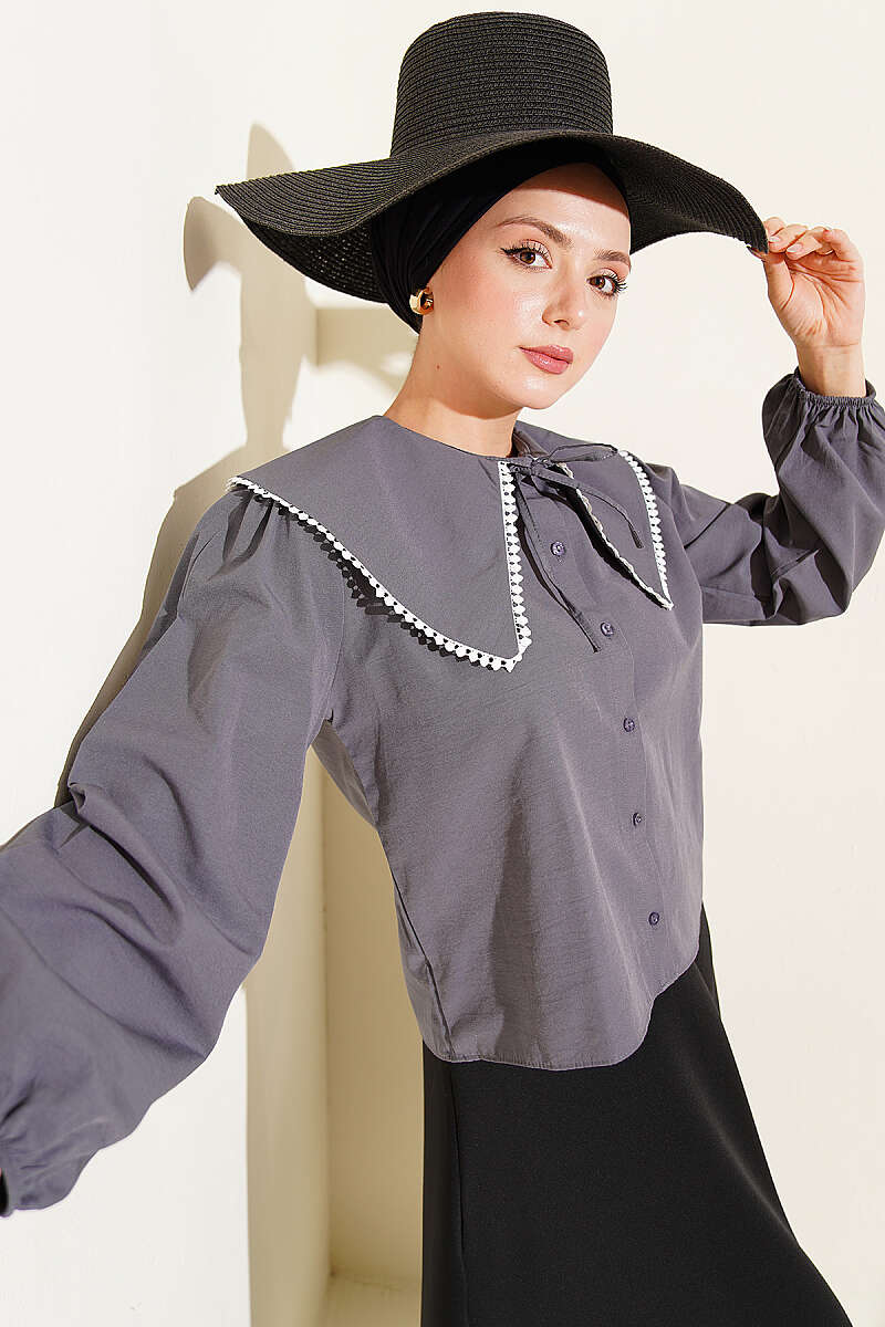 Short Sailor-Collar Tie Shirt - Smoke Grey