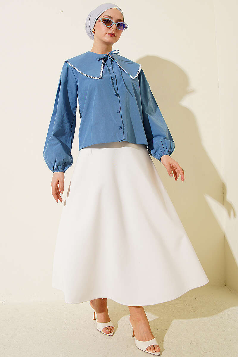 Short Sailor-Collar Tie Shirt - Indigo