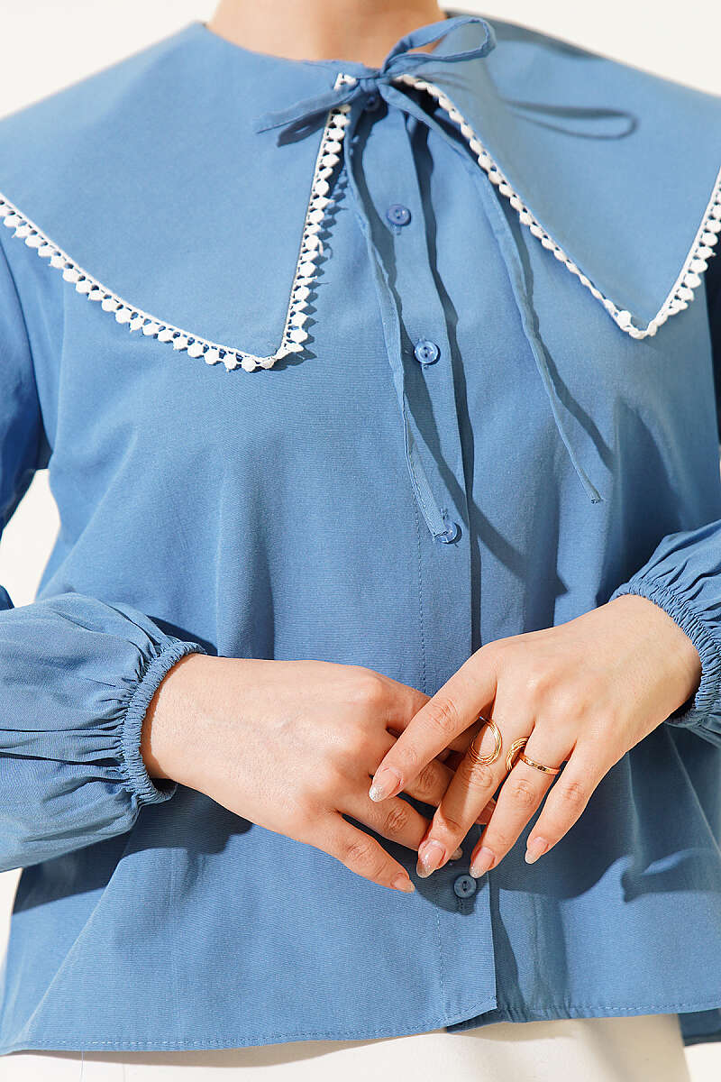 Short Sailor-Collar Tie Shirt - Indigo