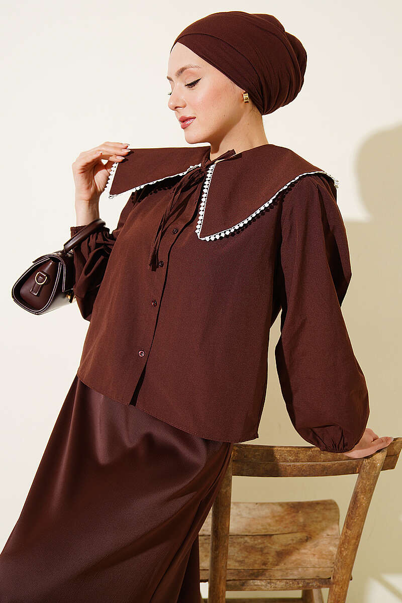 Short Sailor-Collar Tie Shirt - Brown