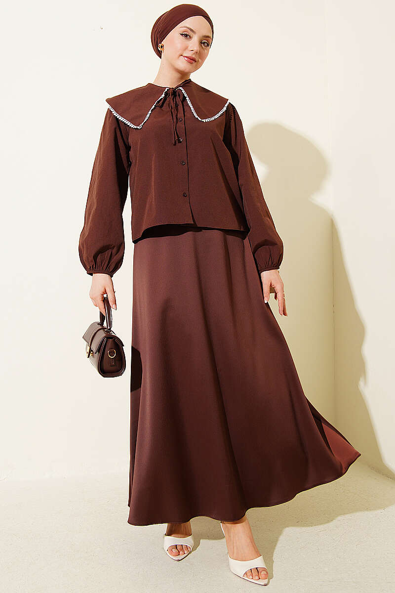 Short Sailor-Collar Tie Shirt - Brown