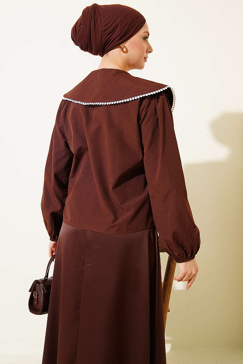 Short Sailor-Collar Tie Shirt - Brown