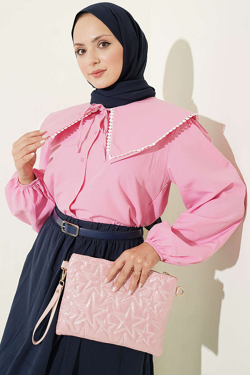 Short Sailor-Collar Tie Shirt - Pink