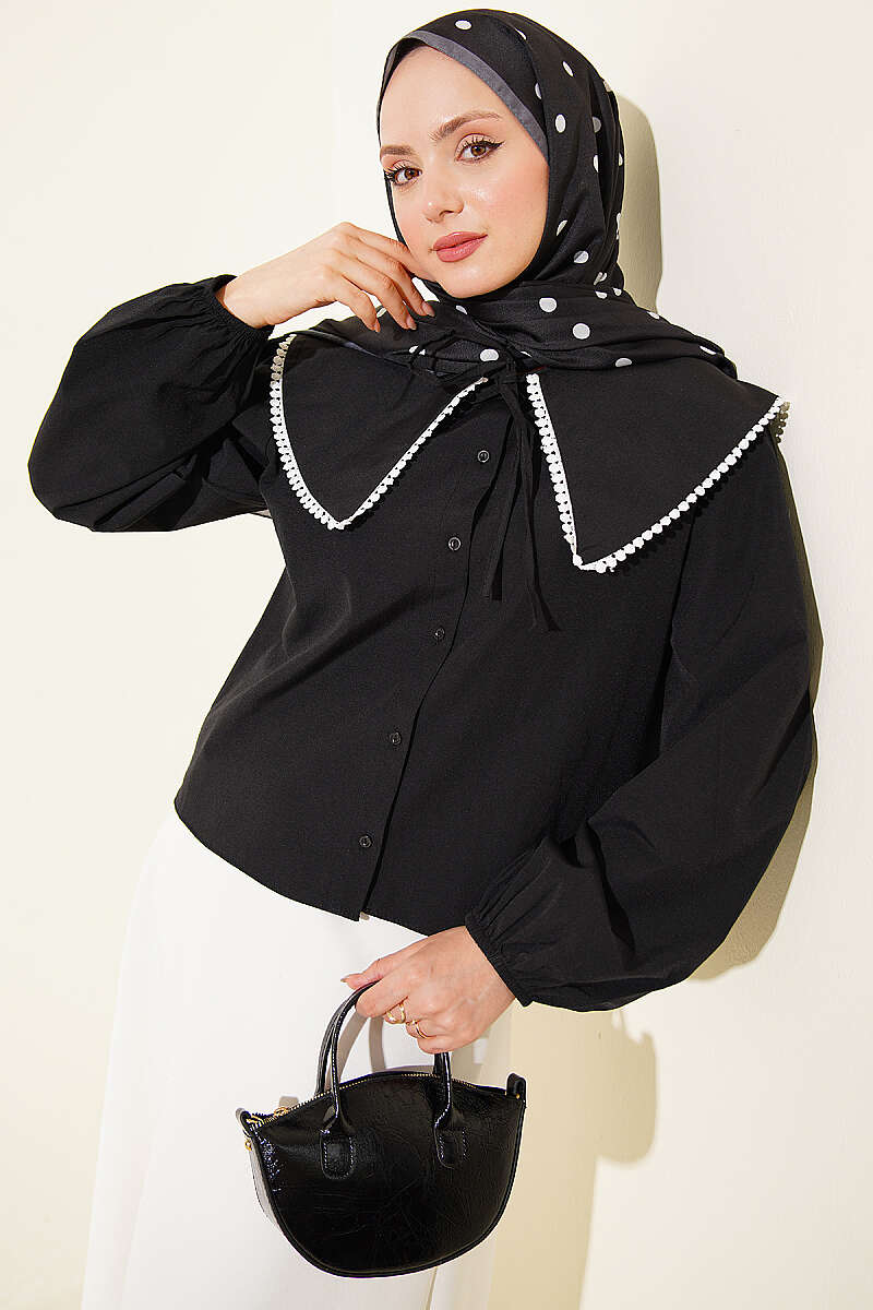 Short Sailor-Collar Tie Shirt - Black