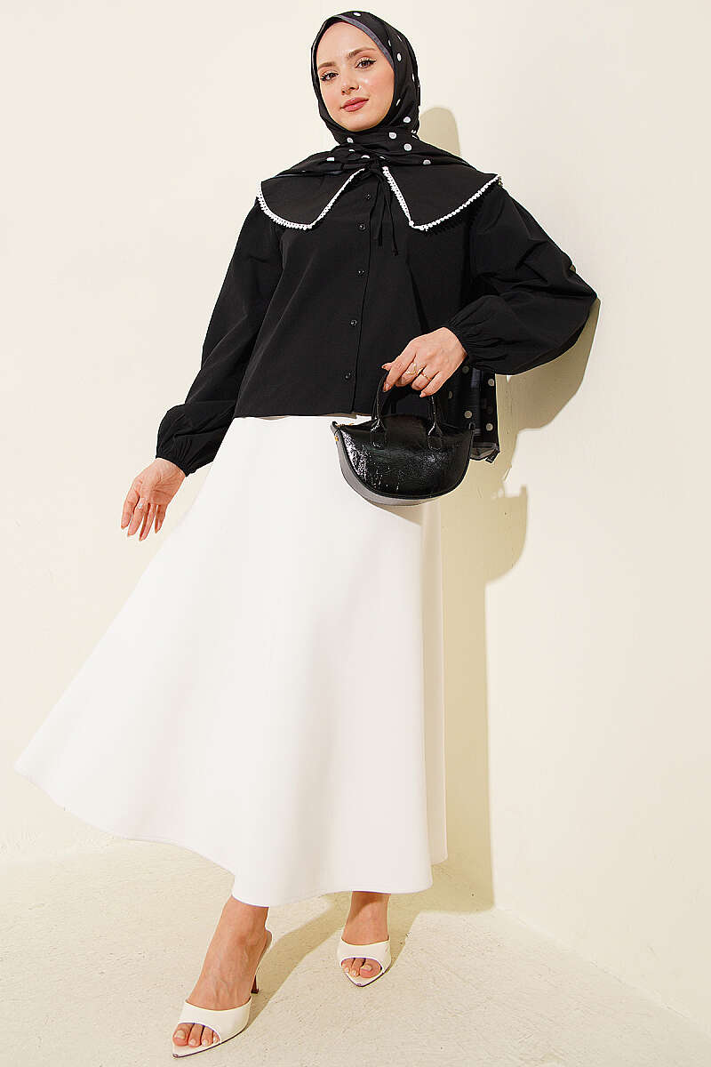 Short Sailor-Collar Tie Shirt - Black