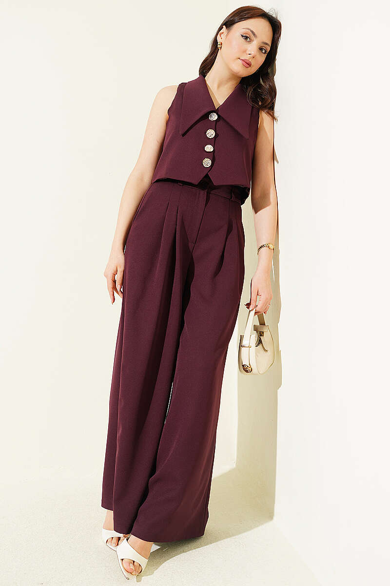 Sailor-Collar Crop Vest Two-Piece Set - Burgundy