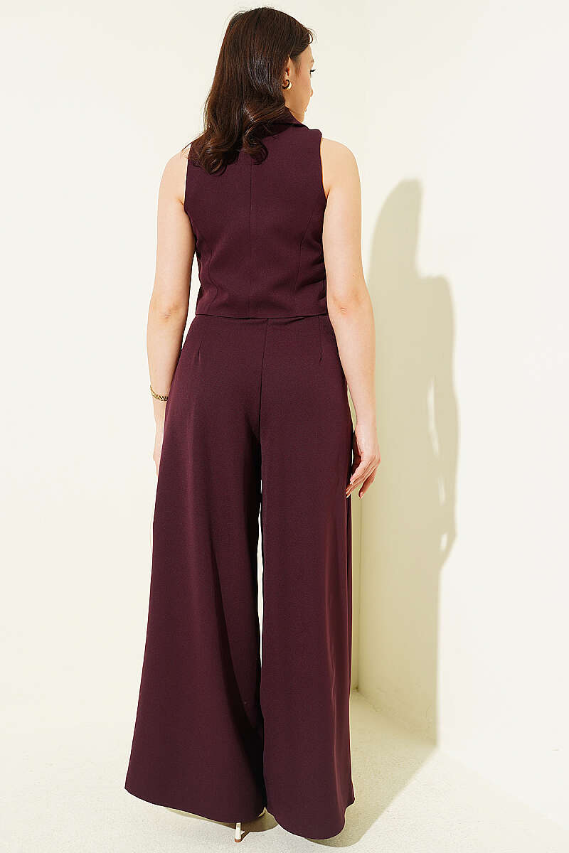 Sailor-Collar Crop Vest Two-Piece Set - Burgundy