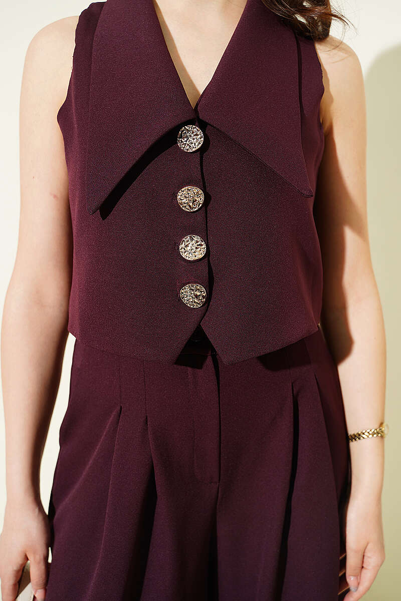 Sailor-Collar Crop Vest Two-Piece Set - Burgundy