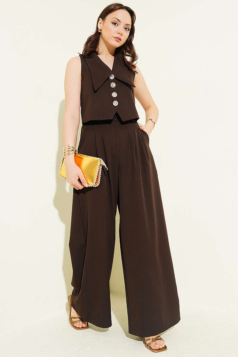 Sailor-Collar Crop Vest Two-Piece Set - Brown