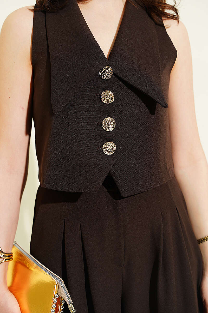 Sailor-Collar Crop Vest Two-Piece Set - Brown