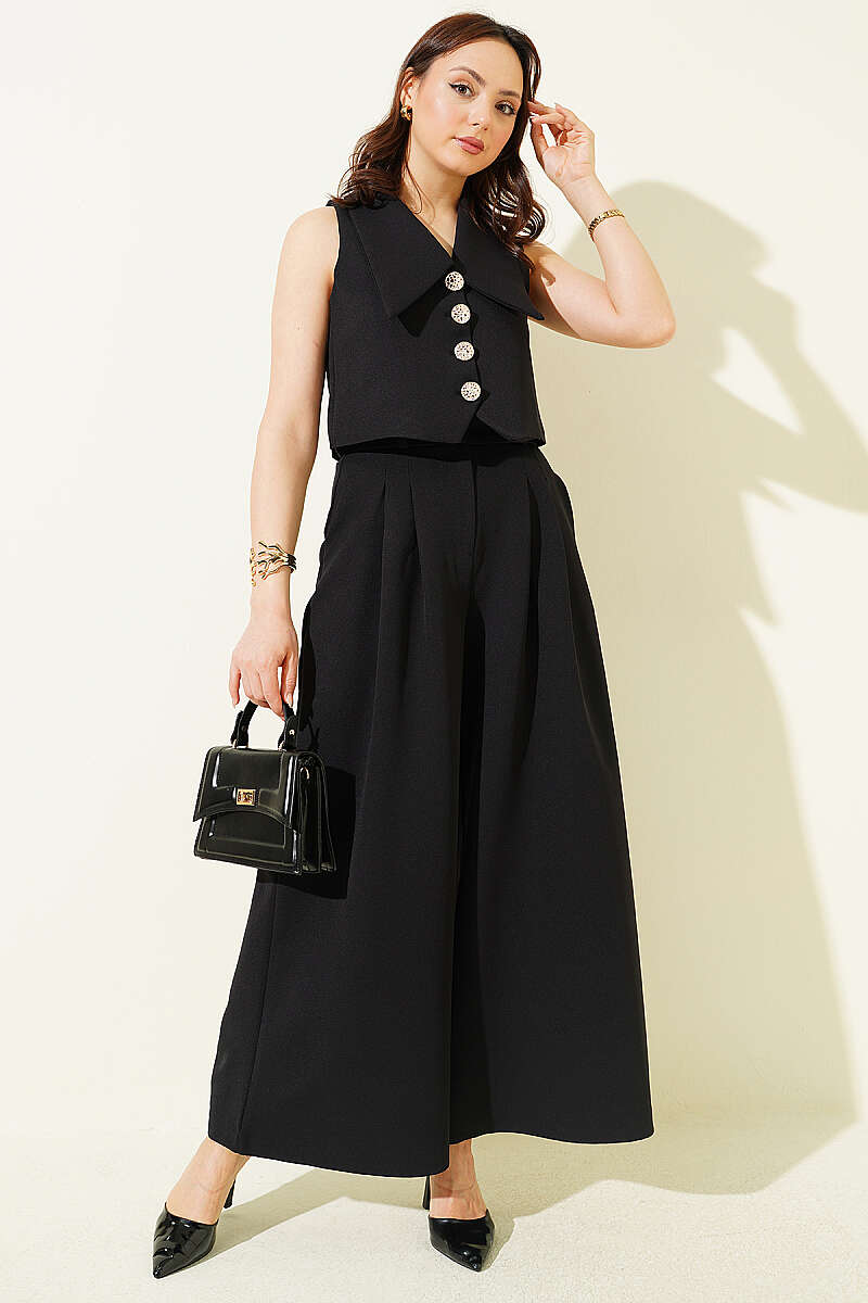 Sailor-Collar Crop Vest Two-Piece Set - Black