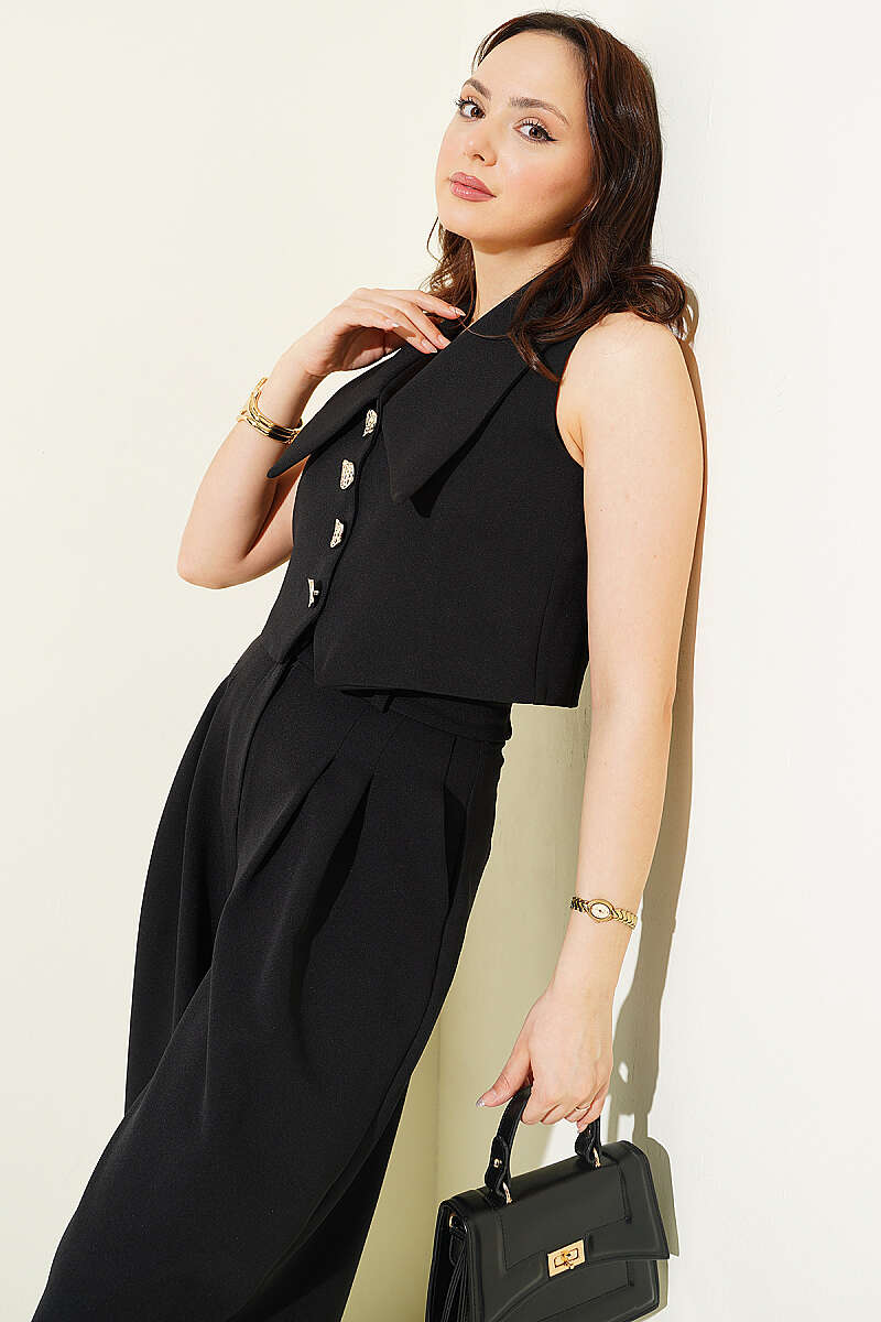 Sailor-Collar Crop Vest Two-Piece Set - Black