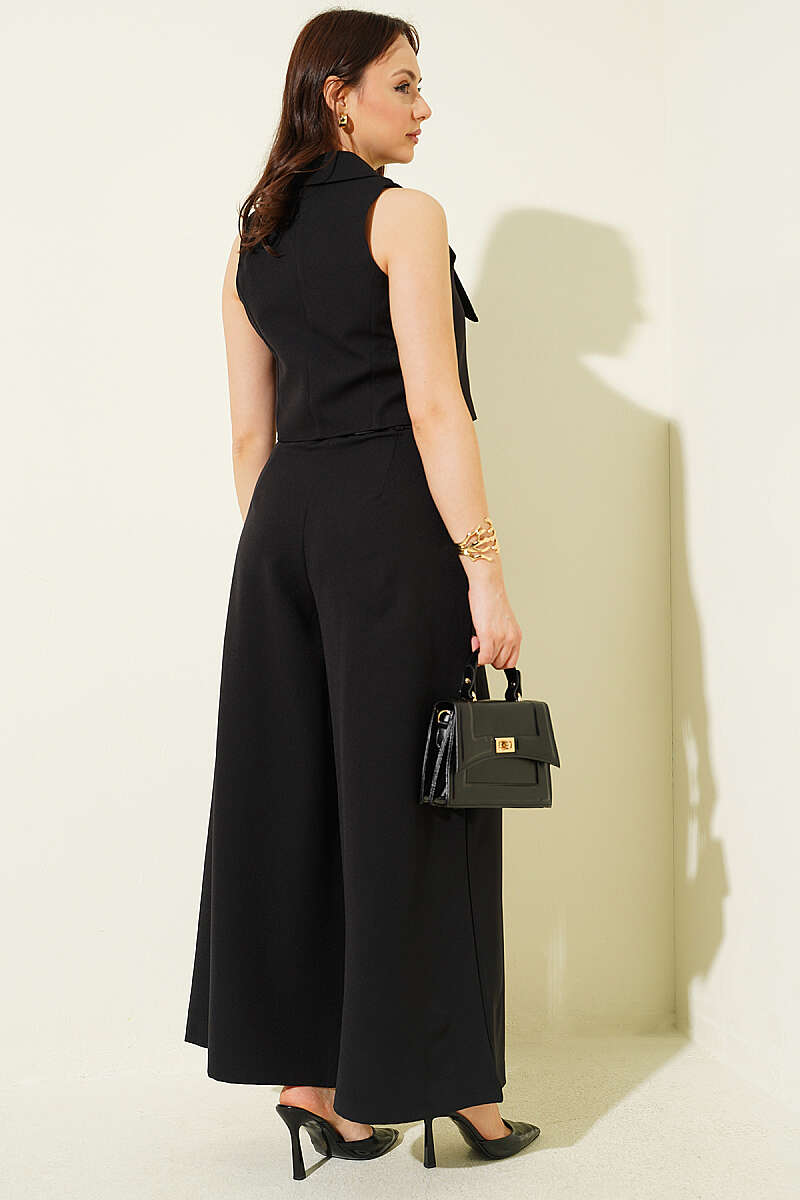 Sailor-Collar Crop Vest Two-Piece Set - Black