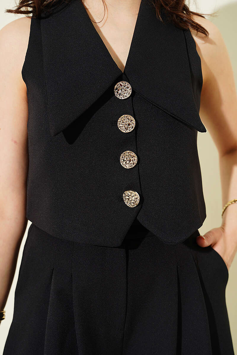 Sailor-Collar Crop Vest Two-Piece Set - Black