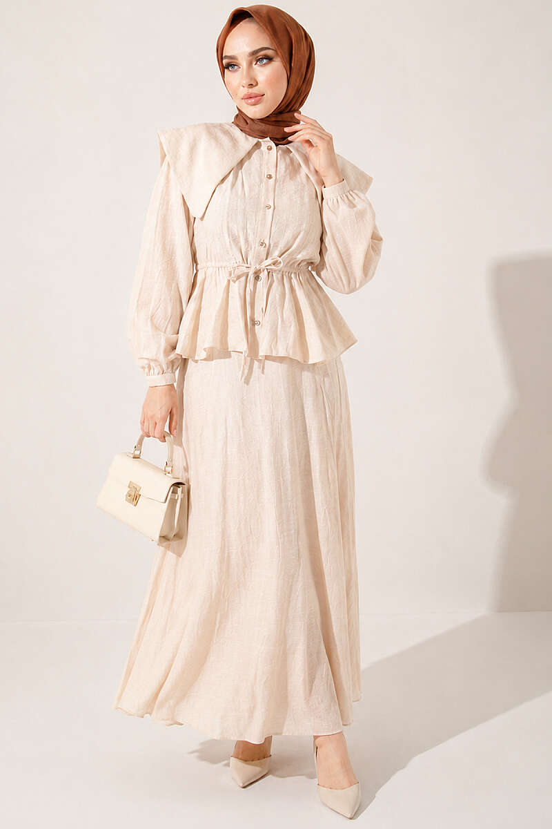 Sailor-Collar Two-Piece Skirt Set with Tie Cord - Beige
