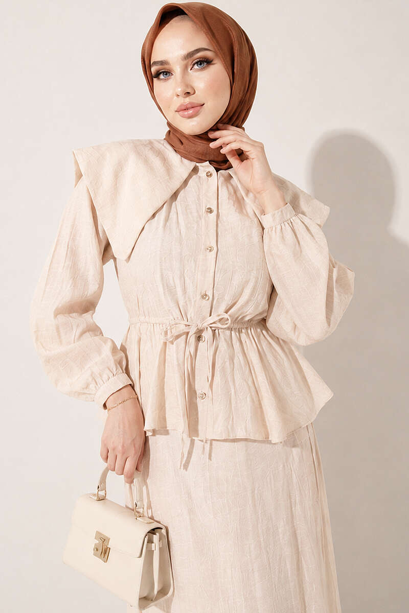 Sailor-Collar Two-Piece Skirt Set with Tie Cord - Beige