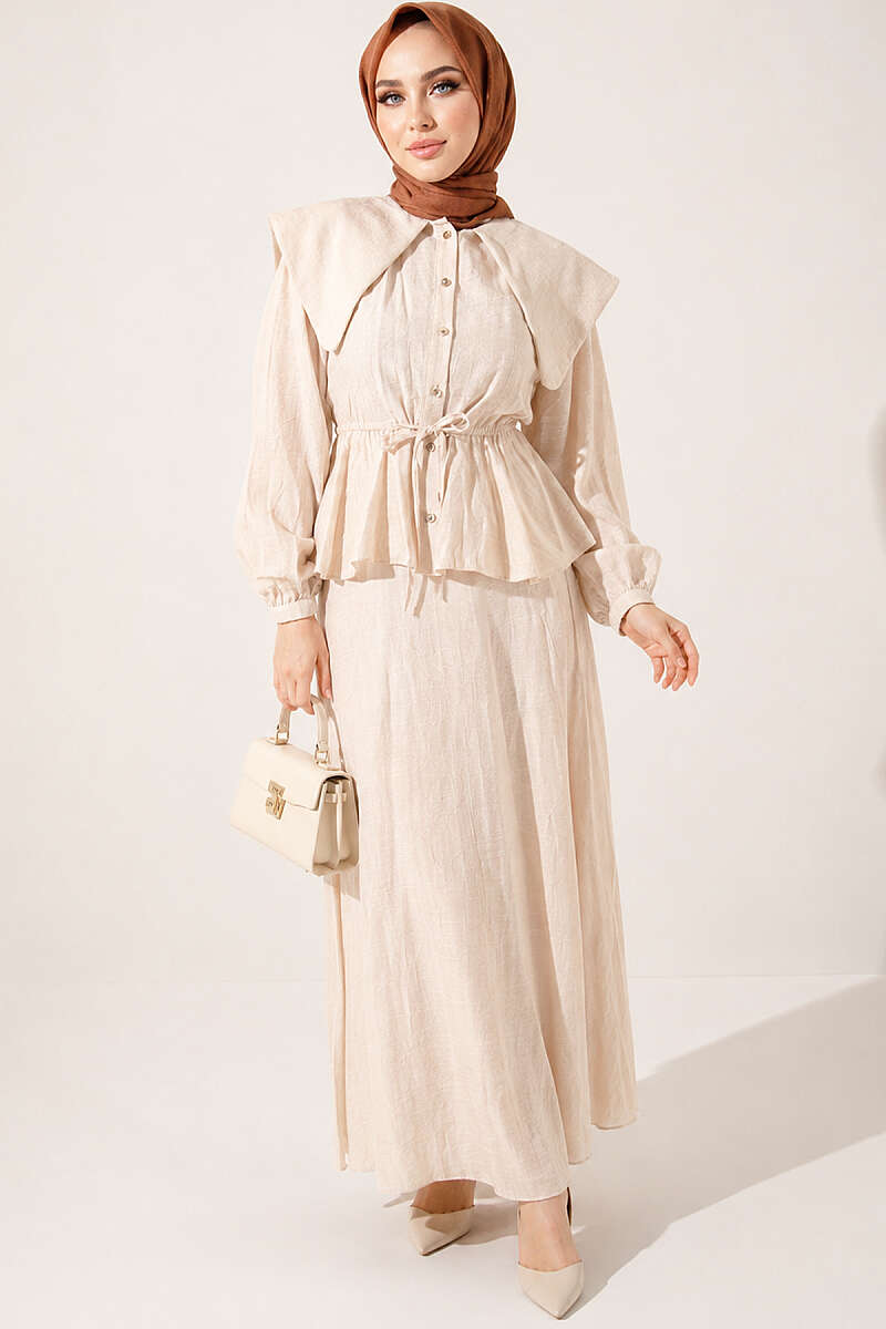 Sailor-Collar Two-Piece Skirt Set with Tie Cord - Beige