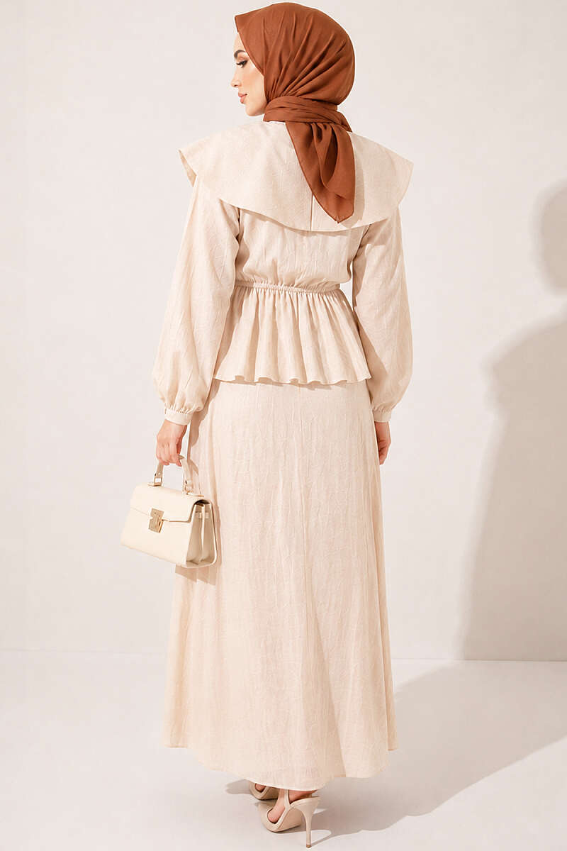 Sailor-Collar Two-Piece Skirt Set with Tie Cord - Beige