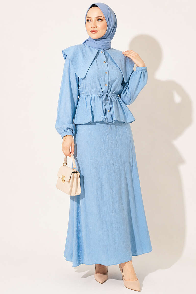 Sailor-Collar Two-Piece Skirt Set with Tie Cord - Blue