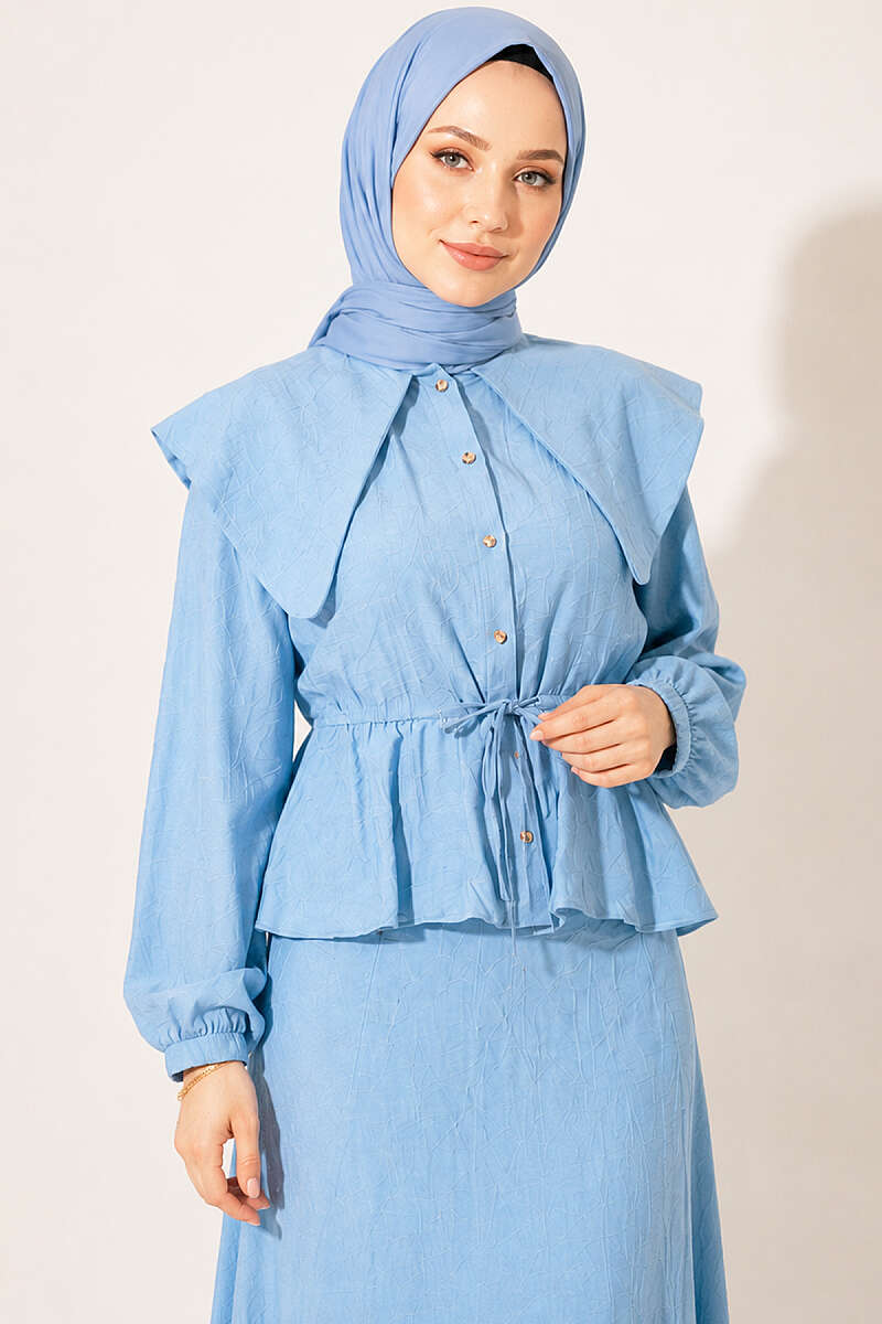 Sailor-Collar Two-Piece Skirt Set with Tie Cord - Blue
