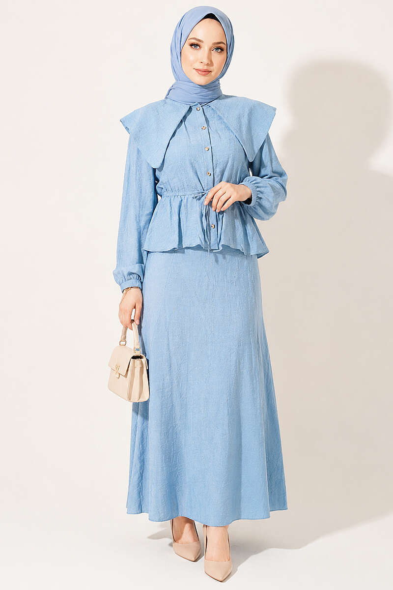 Sailor-Collar Two-Piece Skirt Set with Tie Cord - Blue