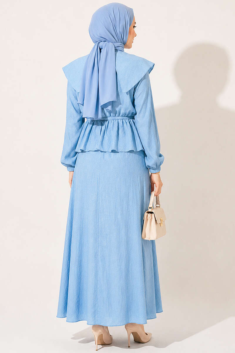 Sailor-Collar Two-Piece Skirt Set with Tie Cord - Blue