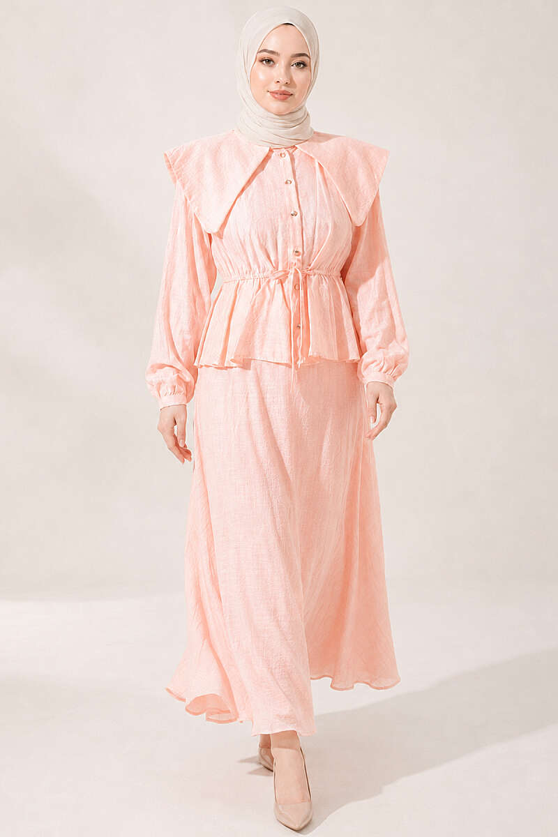 Sailor-Collar Two-Piece Skirt Set with Tie Cord - Salmon