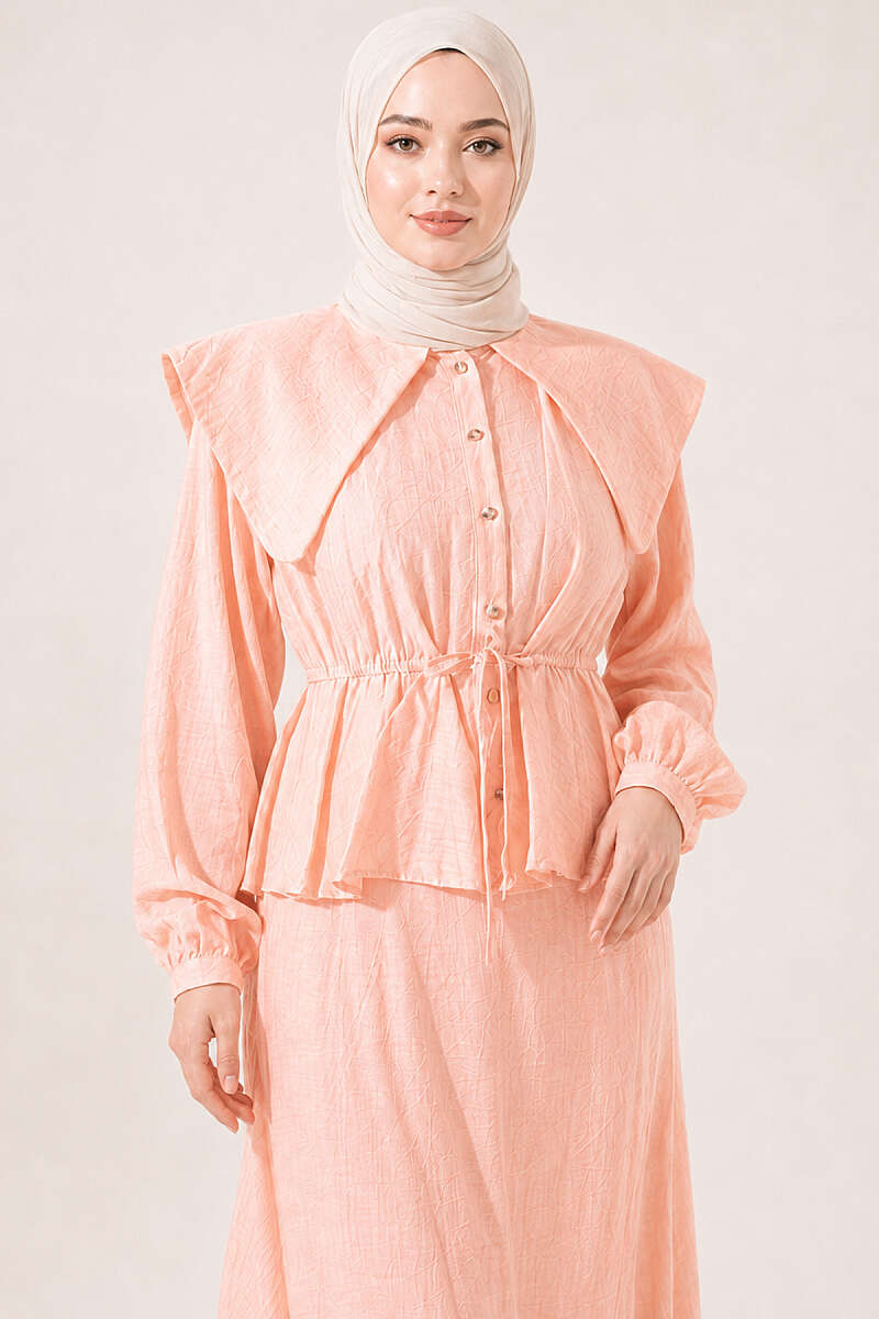 Sailor-Collar Two-Piece Skirt Set with Tie Cord - Salmon