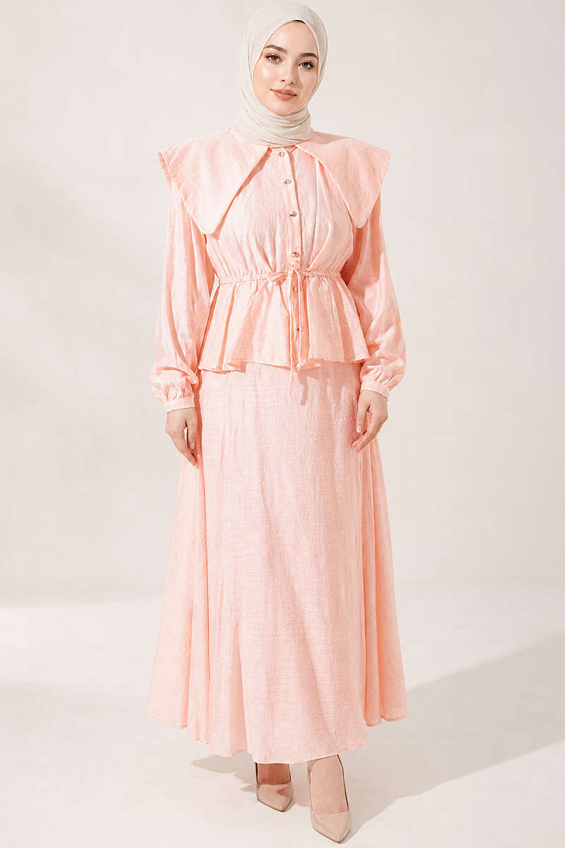 Sailor-Collar Two-Piece Skirt Set with Tie Cord - Salmon