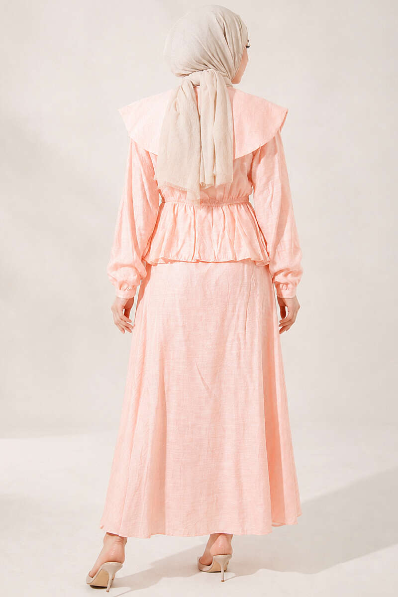 Sailor-Collar Two-Piece Skirt Set with Tie Cord - Salmon